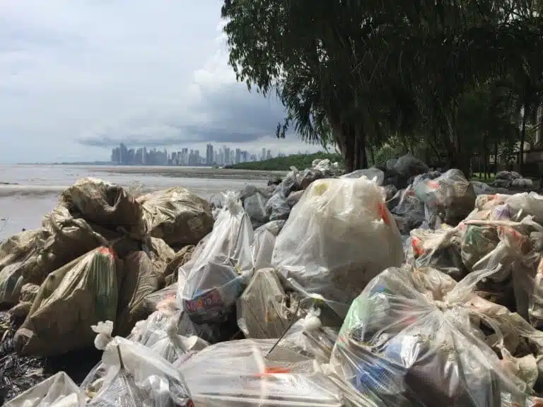 Waste along coastline overlooking Panama City