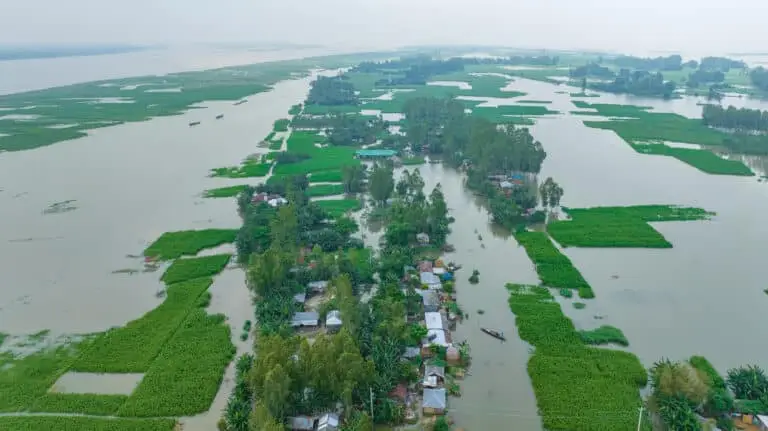 Aerial view of flooding in a rural area of Bangladesh.