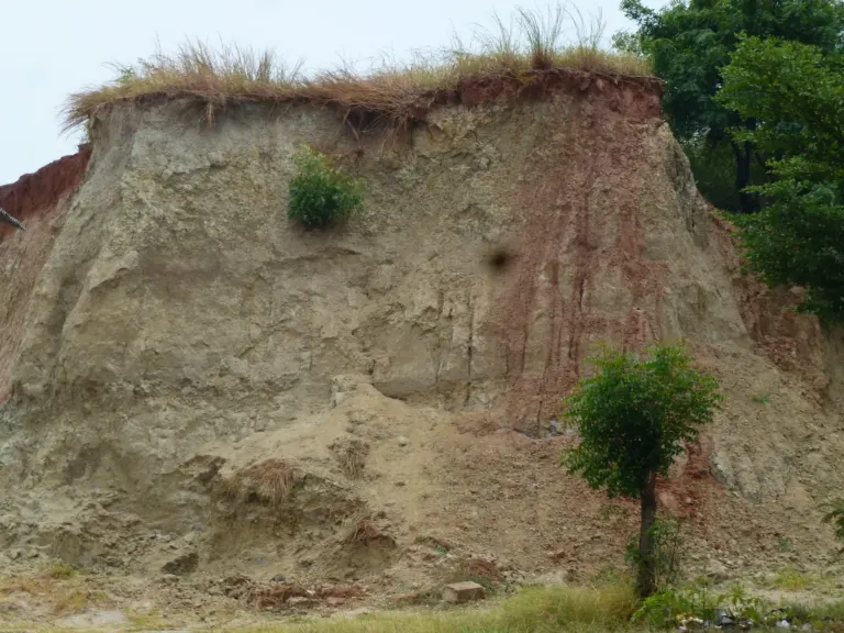 Steep sided, deep riverbank. Illustrating layers of sediment and erosion | JBA Global Resilience