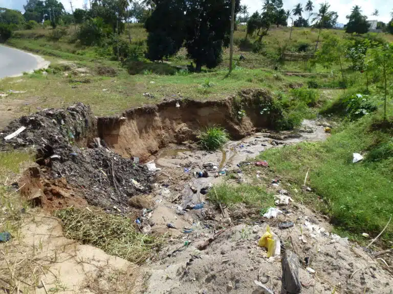 River channel winding through green fields, with eroded riverbanks and waste accumulation in the channel | JBA Global Resilience