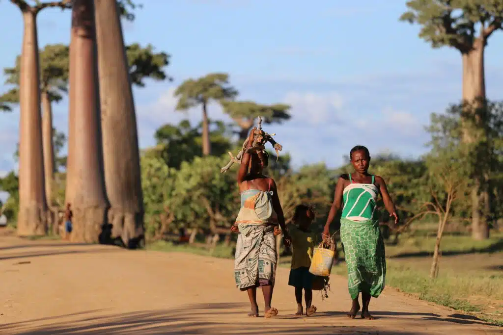 Women and child walking along dusty road. Large trees in the background and blue sky overhead.