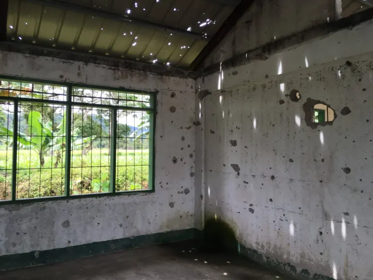 Conflict damaged walls in a darkened building. Light filters through the holes in the walls. View through the window to a bright, tropical landscape.