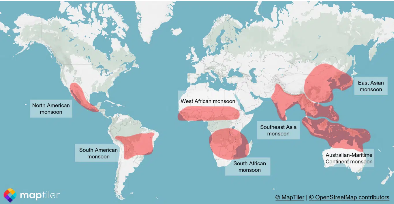 Map showing the monsoon regions around the globe.