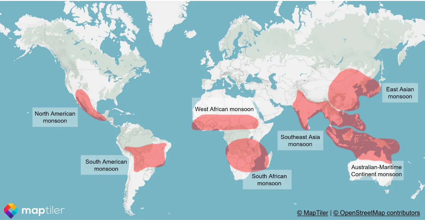 Map showing the monsoon regions around the globe.