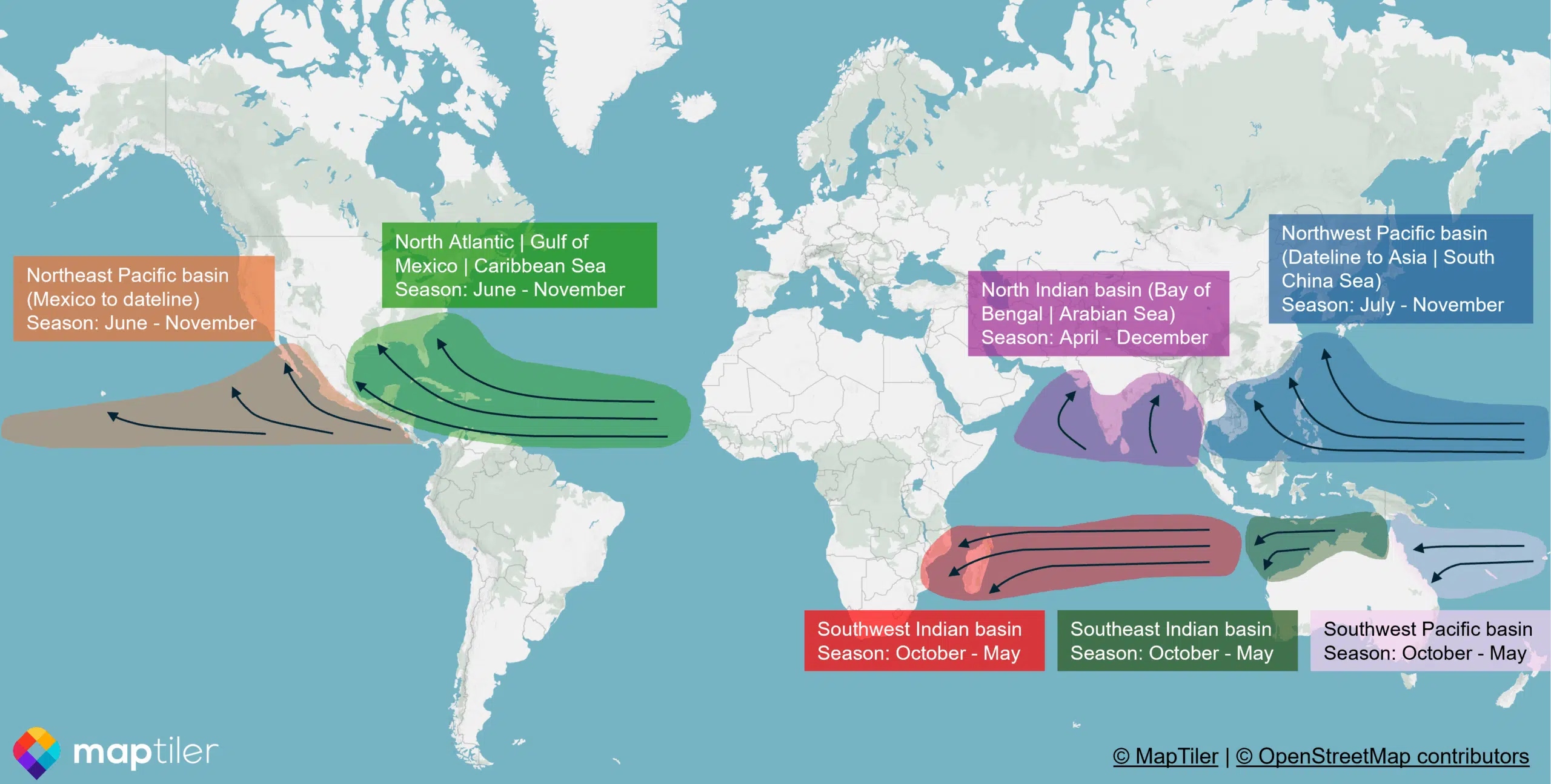 Map showing global cyclone regions and general direction of travel