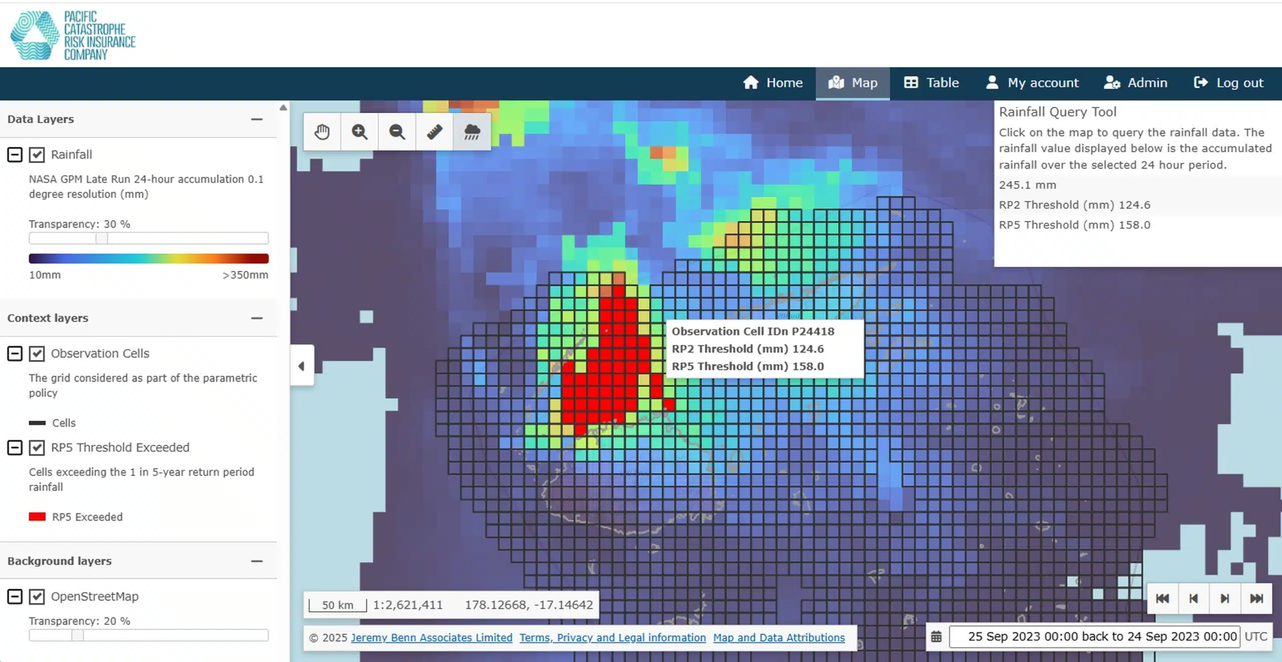 Example output from PCRIC’s rainfall monitoring tool. Rainfall is measured across the 10km-by-10km calculation grid (black squares). Red grid cells indicate where daily rainfall has exceeded the 5-year return period rainfall for that cell.