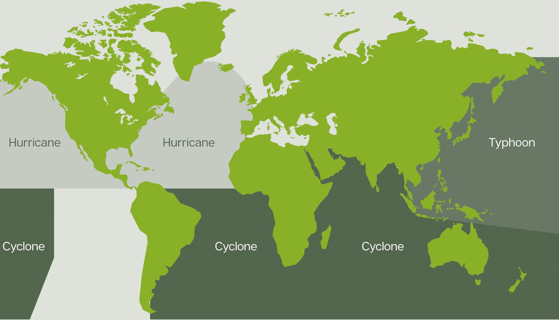 Map showing how tropical cyclones are named around the world – hurricanes in the Atlantic and eastern Pacific, typhoons in the western Pacific, and cyclones in the Indian Ocean and South Pacific.