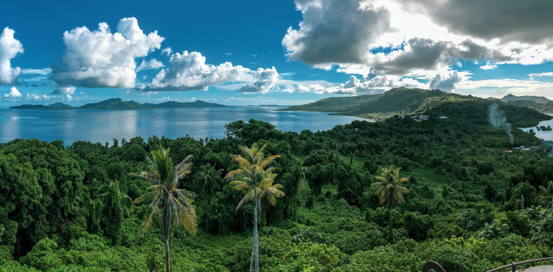 Panoramic view of a tropical island coastline with dense green forest, palm trees, calm blue sea and scattered white clouds under a bright sky.