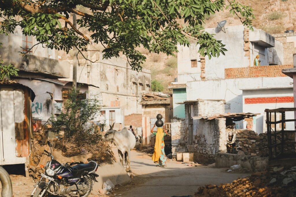 Residential street in an Indian town with low-rise buildings, a woman carrying water containers, and livestock moving through the street.
