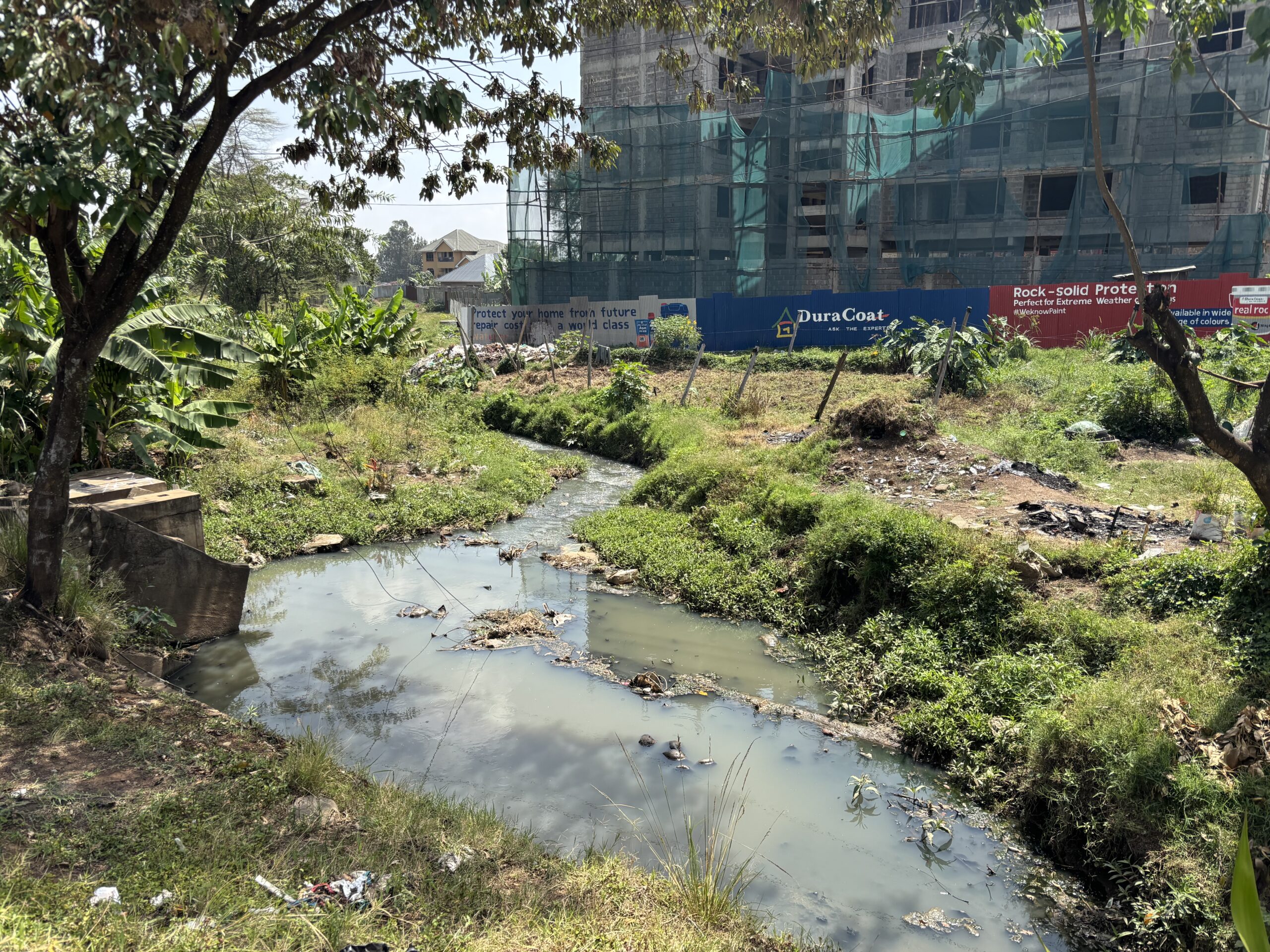 Urban drainage channel with shallow water and vegetation, running through open ground beside buildings under construction.