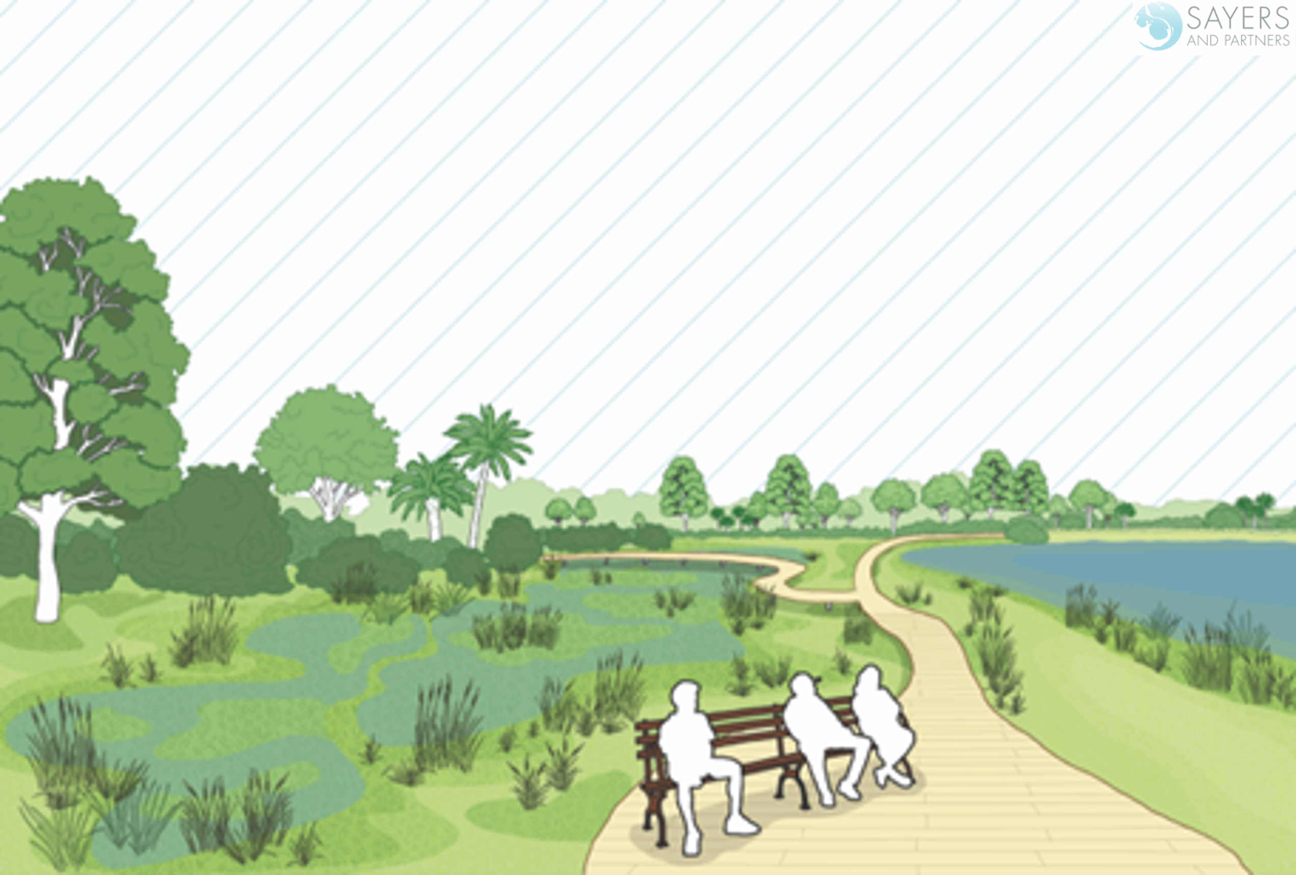 Illustration showing an urban floodplain with wetlands, trees, walking paths, benches and a water body, designed to make space for water within a city.