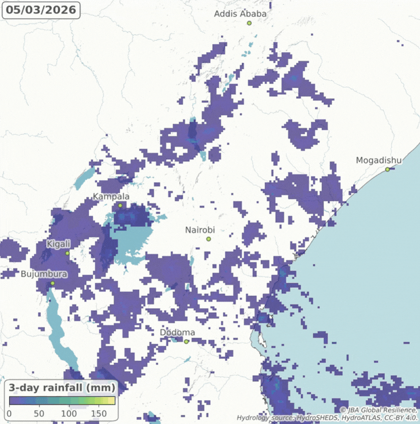 Figure 1: Animation of 3-hourly satellite-derived rainfall estimates (in mm) from NASA GPM across East Africa between 5 to 16 March 2026.