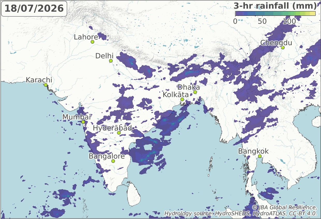 Figure 1: Animation of rainfall across South Asia from 18 July to 29 July 2026. Rainfall data source: NASA GPM 3-hourly rainfall accumulation (2026). Additional data sources: GLOBE Task Team et al. (1999), Linke et al. (2019) and Lehner et al. (2022).